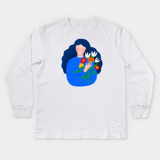 Girl with blue hair and spring flowers Kids Long Sleeve T-Shirt
